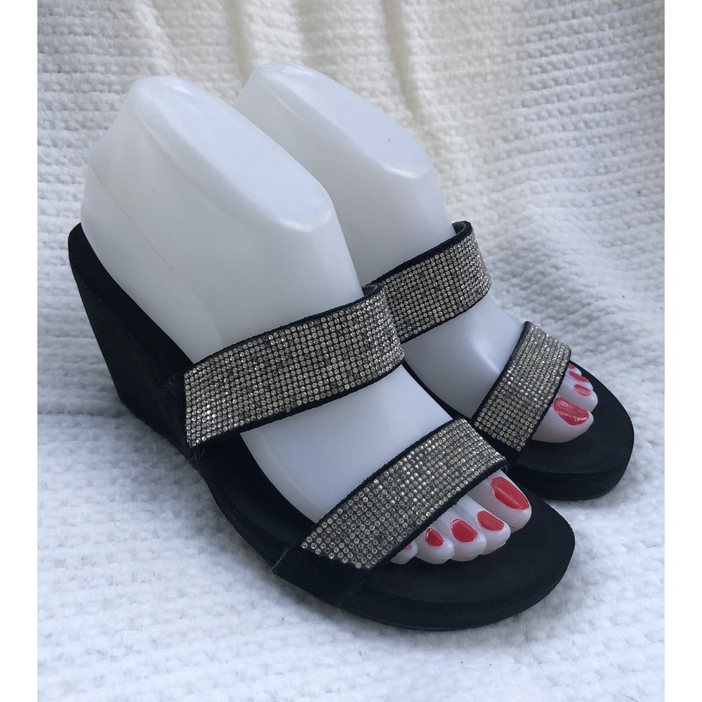 Yellow Box Sandals Black Silver Rhinestone Slide Wedge Women's 7
